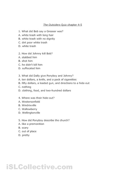 The Outsiders Worksheets The Outsiders Quiz Worksheet 