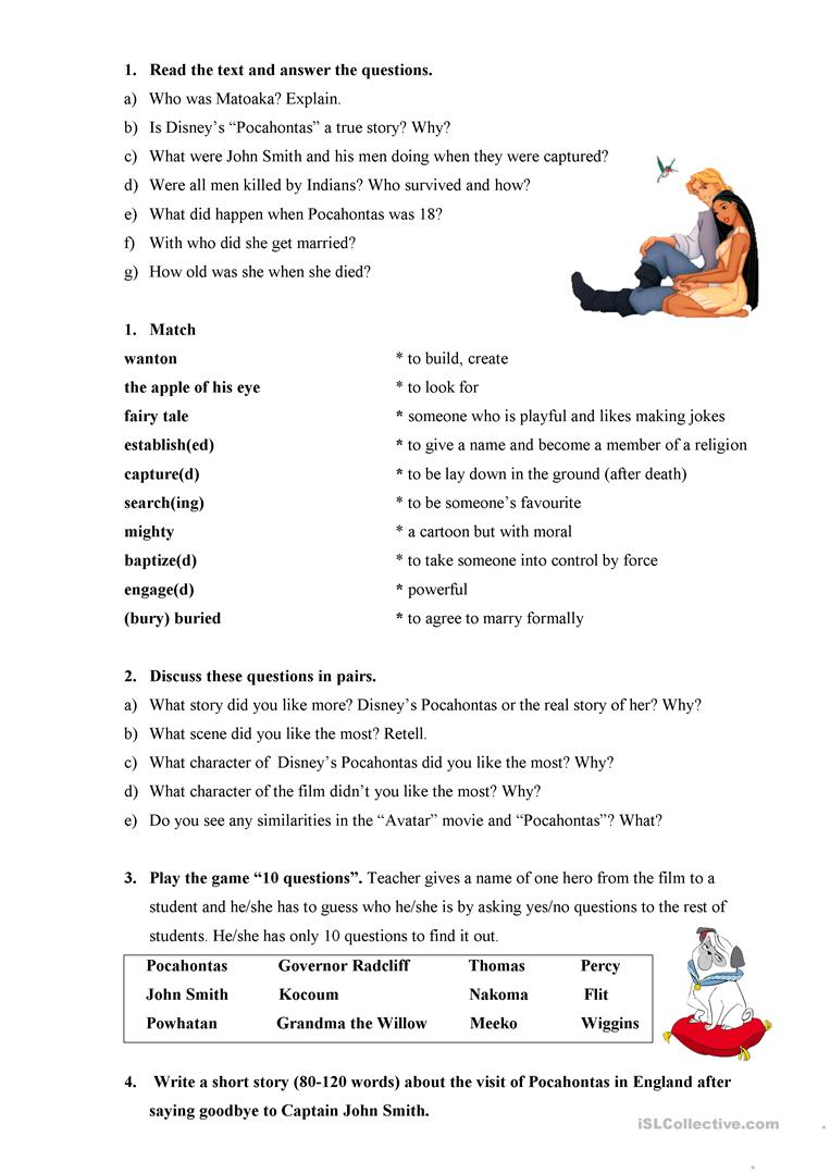 The Real Story Of Pocahontas Worksheet Free ESL
