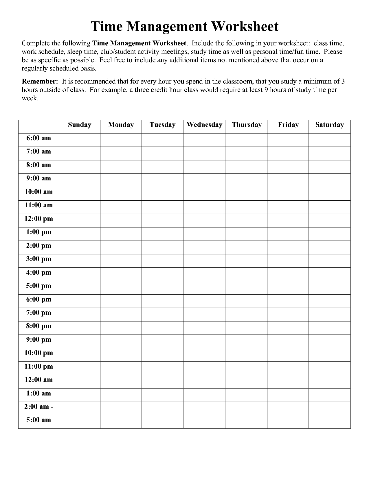 Time Management Worksheet PDF Time Management Worksheet 