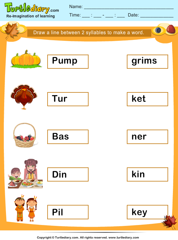 Two Syllables Thanksgiving Words Worksheet Turtle Diary