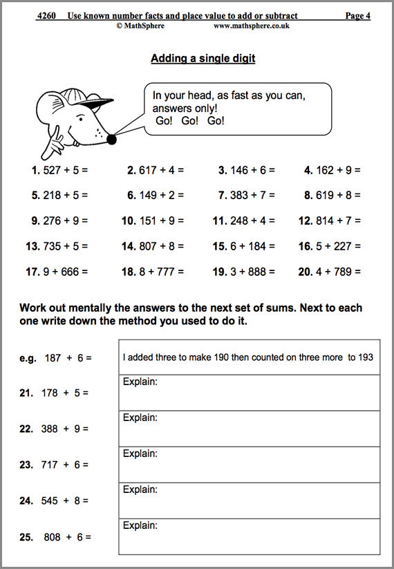 Use Known Facts To Add And Subtract Maths Worksheet Year 