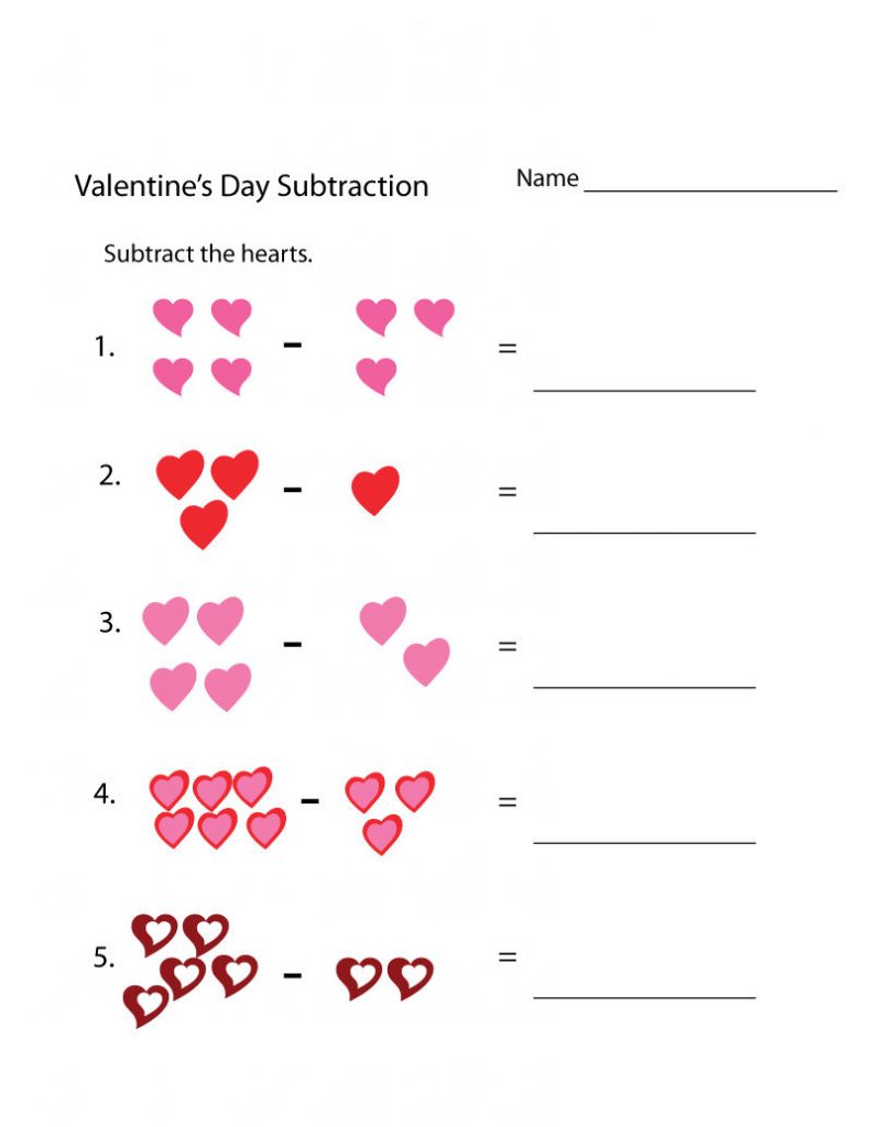 Valentine Subtraction 1st Grade Math Worksheets Coloring