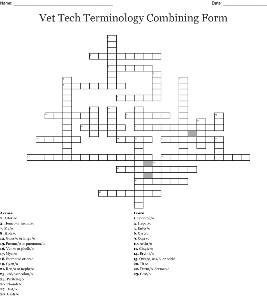 Vet Tech Terminology Combining Form Crossword WordMint