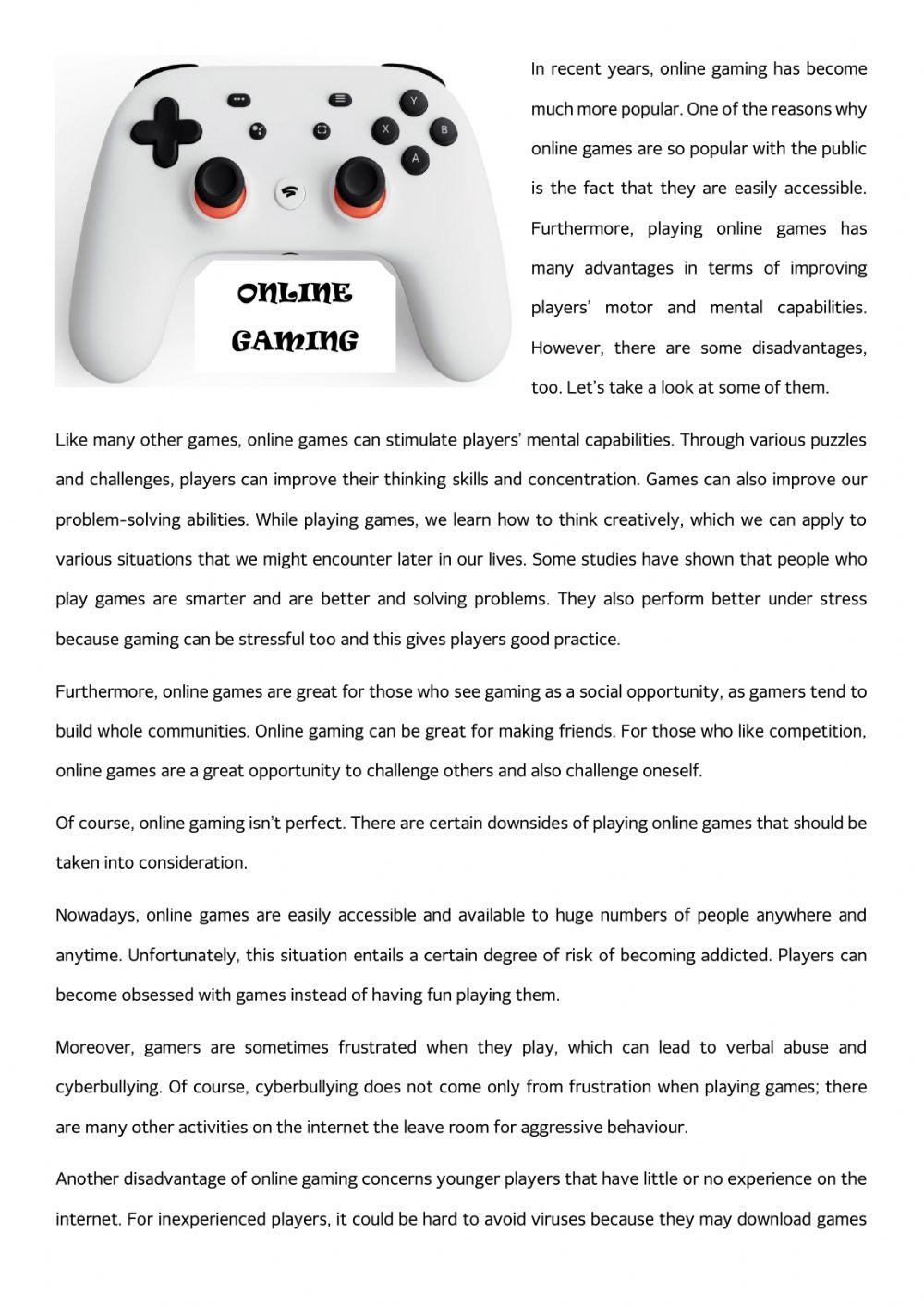 Video Games Reading Comprehension Speaking Practice 