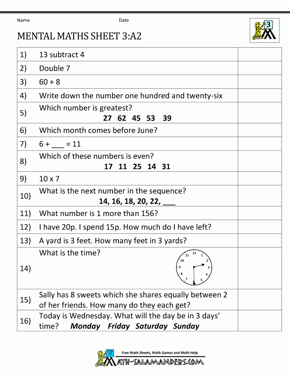 Year 3 Mental Maths Worksheets