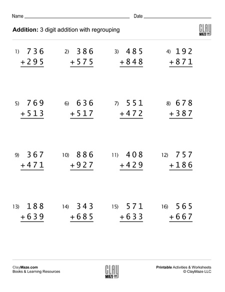3 Digit Addition Worksheet With Regrouping Set 2
