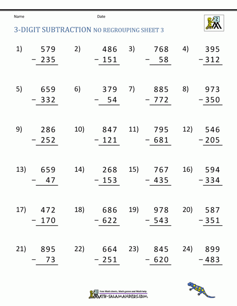 3 Digit Subtraction Worksheets