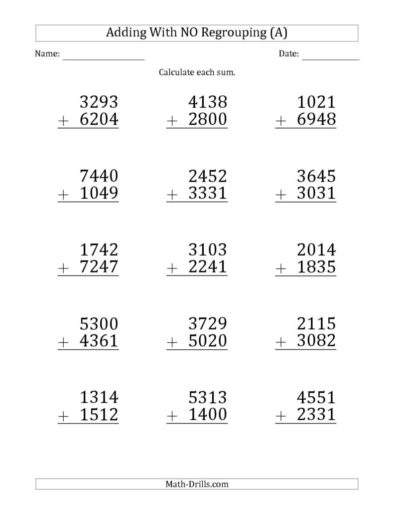 4 Digit Addition Without Regrouping Worksheets Math 