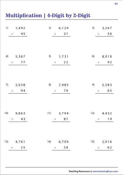 4 digit By 2 digit Multiplication Worksheets