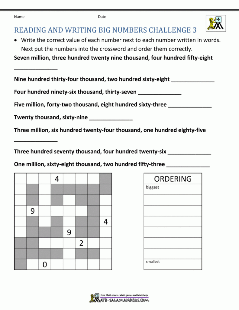 4th Grade Math Worksheets Reading Writing And Rounding 