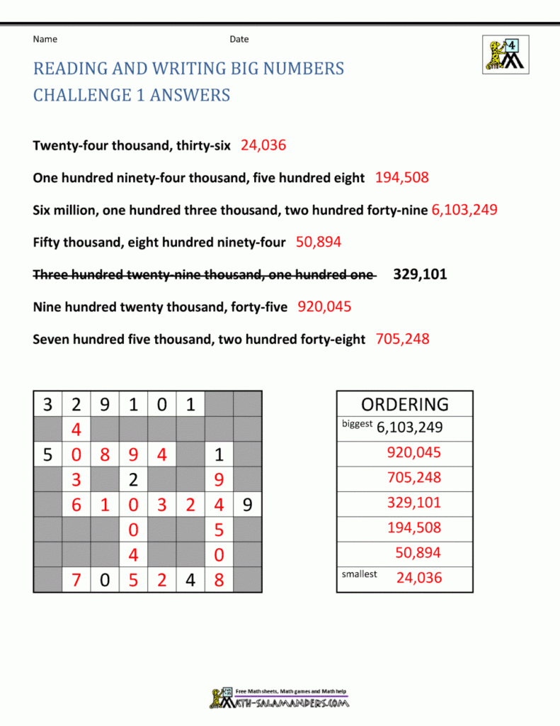 4th Grade Math Worksheets Reading Writing And Rounding 