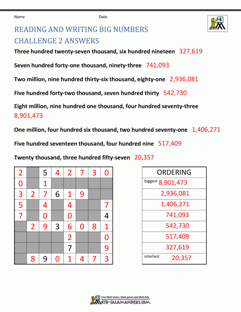 4th Grade Math Worksheets Reading Writing And Rounding 