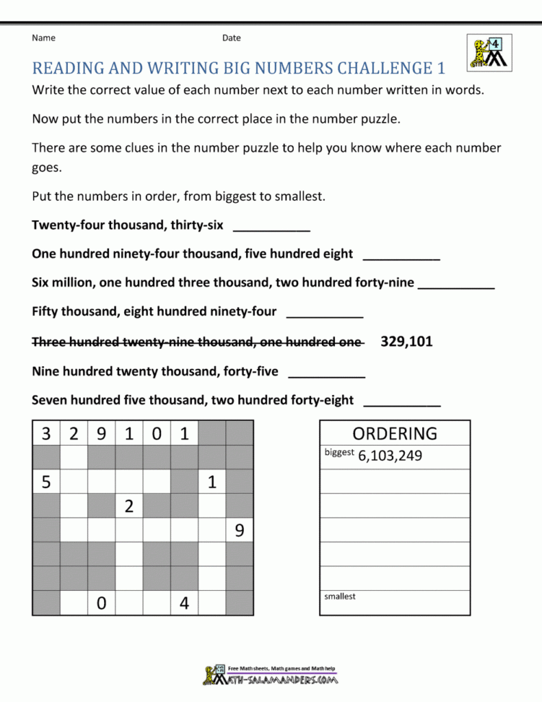 4th Grade Math Worksheets Reading Writing And Rounding 