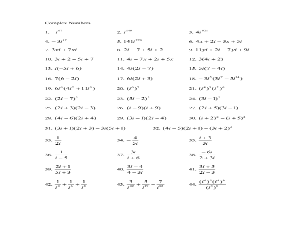 Adding And Subtracting Complex Numbers Worksheet 