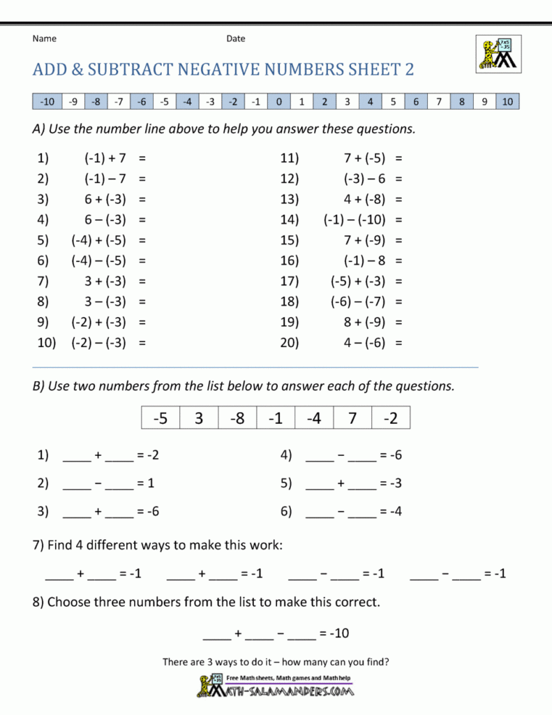 Adding And Subtracting Directed Numbers Worksheet 