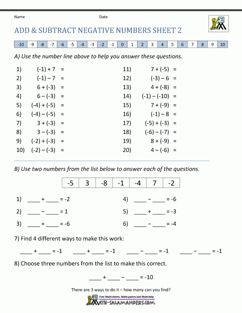 Adding And Subtracting Directed Numbers Worksheet