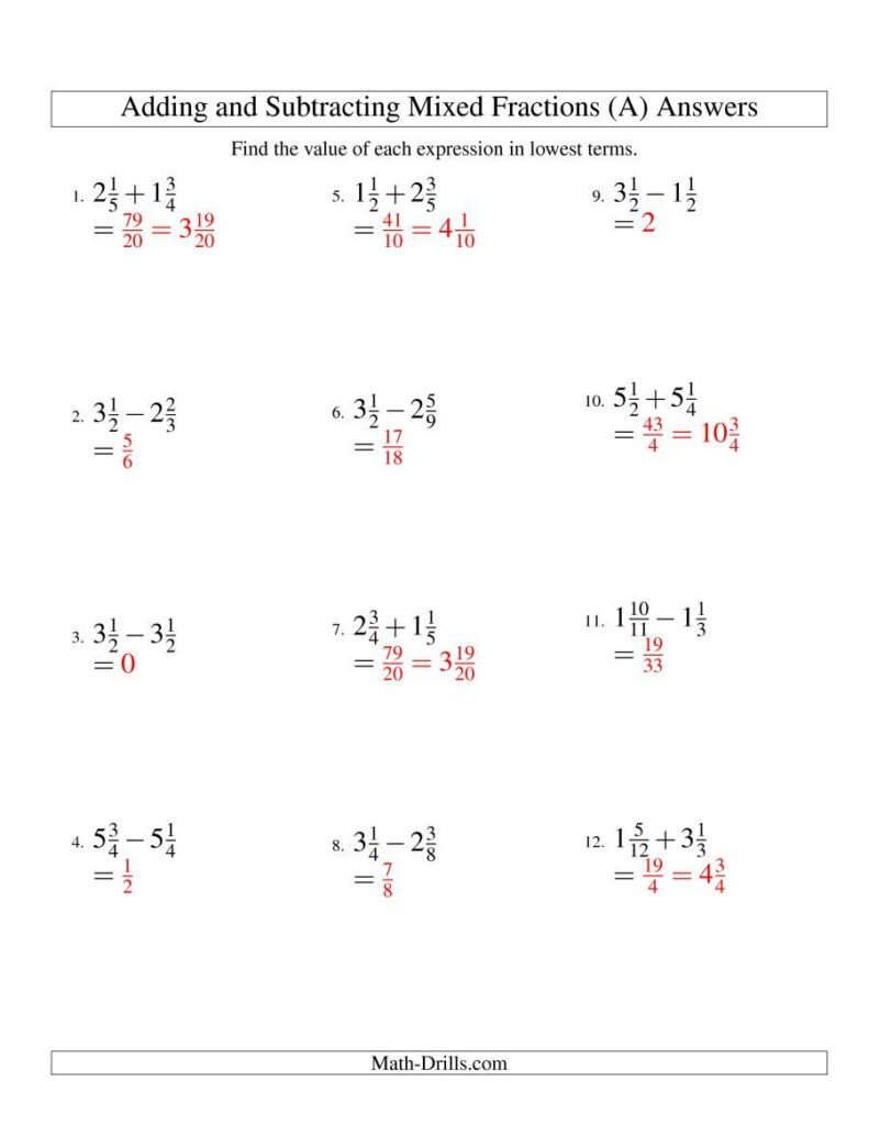 Adding And Subtracting Mixed Fractions a Fractions 