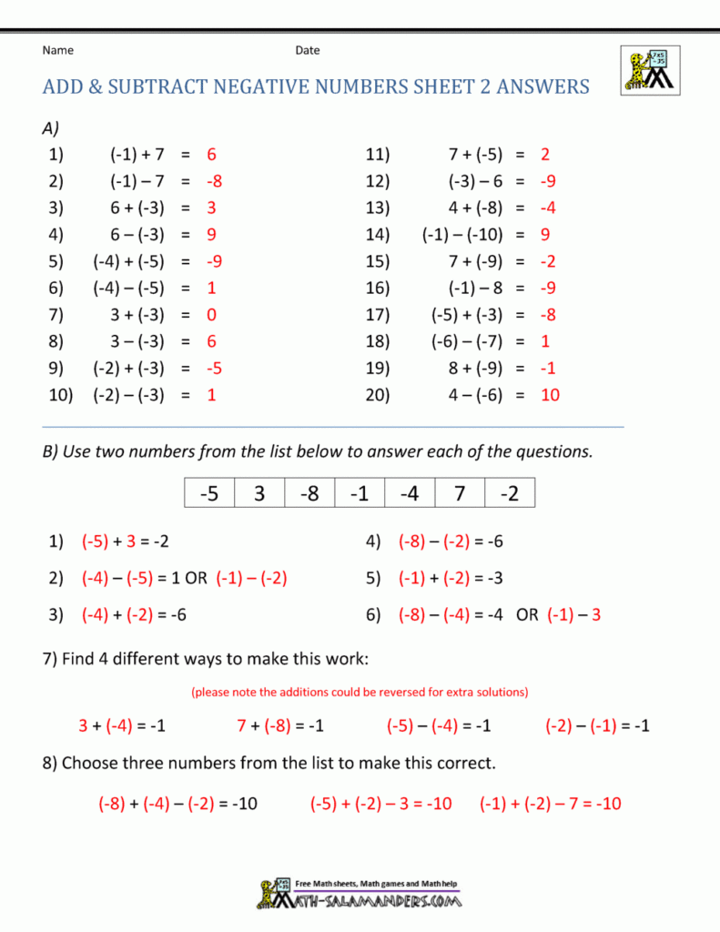 Adding And Subtracting Negative Numbers Worksheet Pdf 