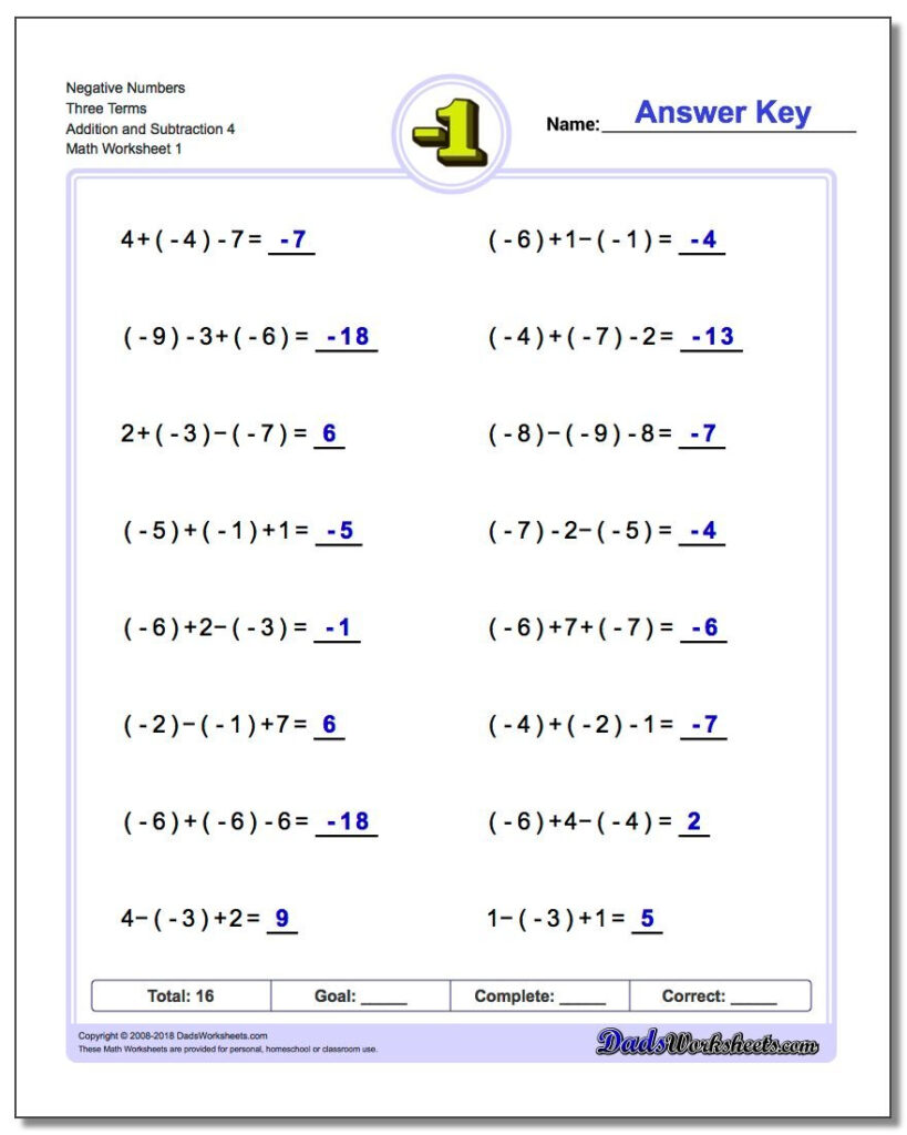 Adding And Subtracting Negative Numbers Worksheets