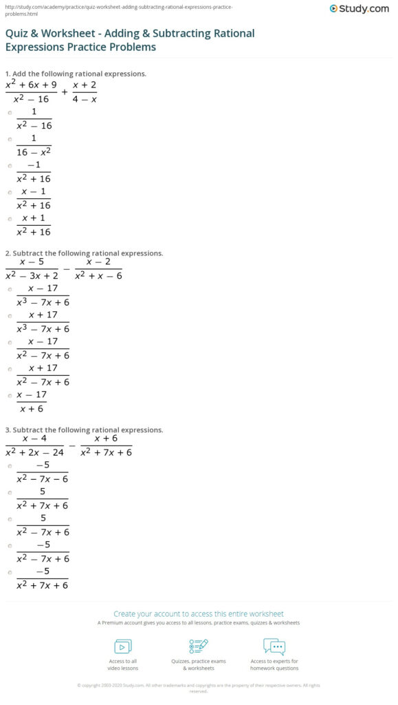 Adding And Subtracting Rational Expressions Worksheet 