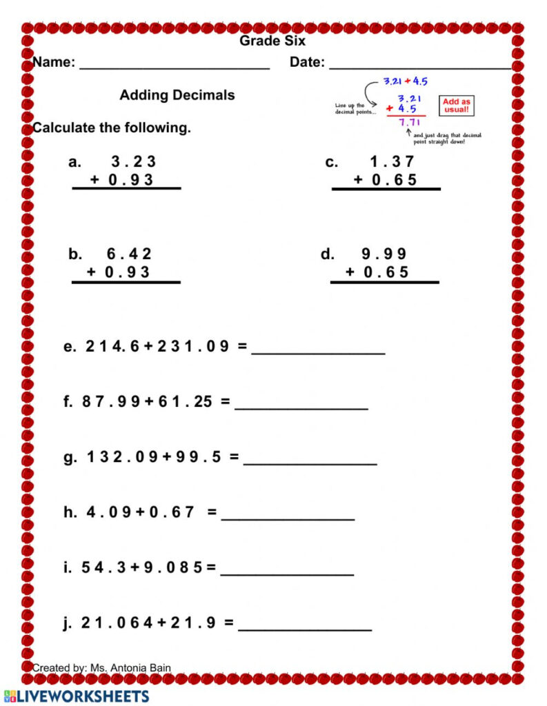 Adding Decimals Worksheet