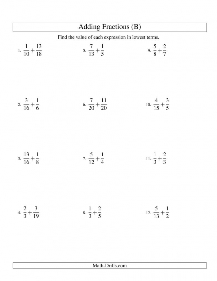 Adding Fractions With Unlike Denominators Worksheets 