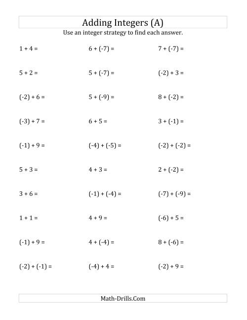 Adding Integers From 9 To 9 Negative Numbers In 
