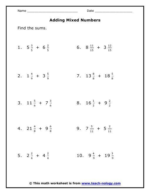Adding Mixed Numbers With Like Denominators Worksheets 