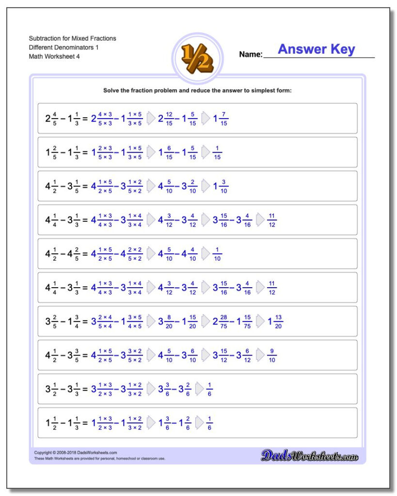 Adding Mixed Numbers With Unlike Denominators Worksheet 