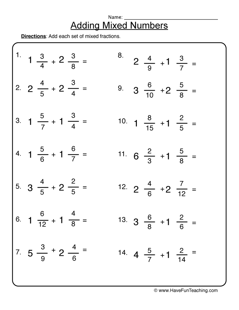 Adding Mixed Numbers Worksheet 1 Have Fun Teaching