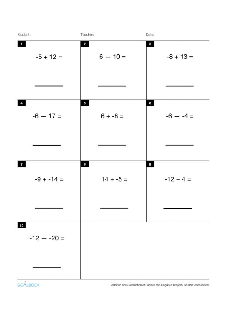 Adding Positive And Negative Numbers Benchmark Worksheet