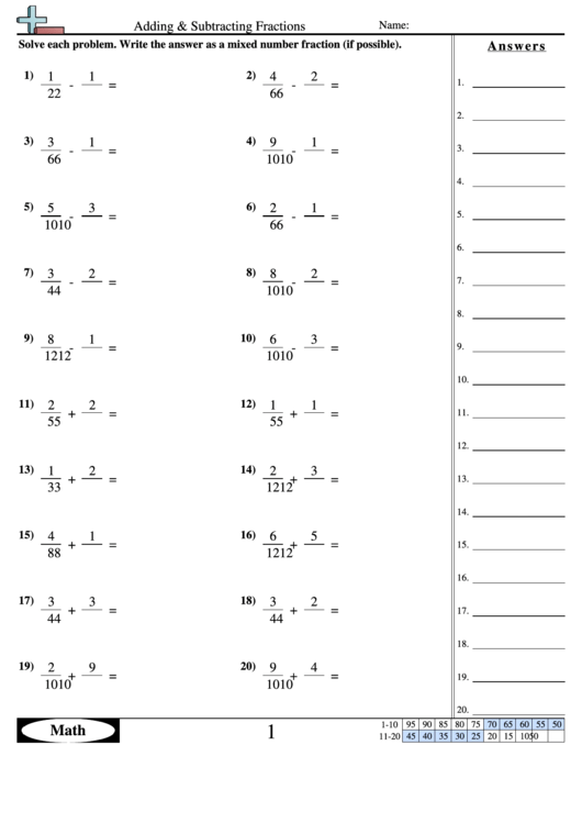 Adding Subtracting Fractions 1 Worksheet With Answer Key