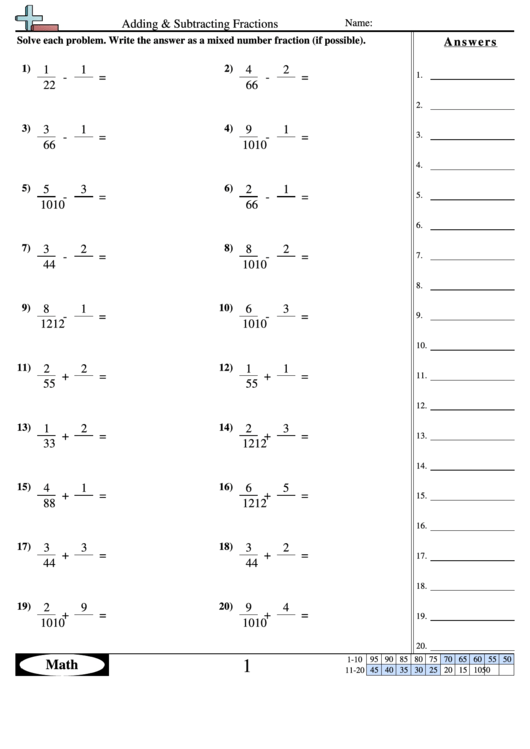 Adding Subtracting Fractions 1 Worksheet With Answer Key 