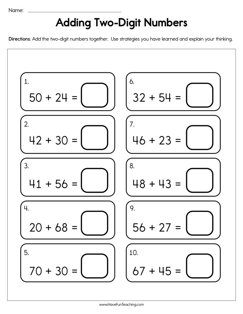 Adding Two Digit Numbers Worksheet Have Fun Teaching