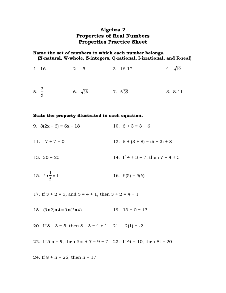 Algebra 1 Properties Of Real Numbers Worksheet Algebra 