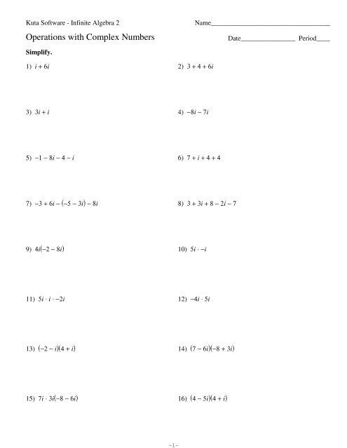 Algebra 2 Operations With Complex Numbers Worksheet 