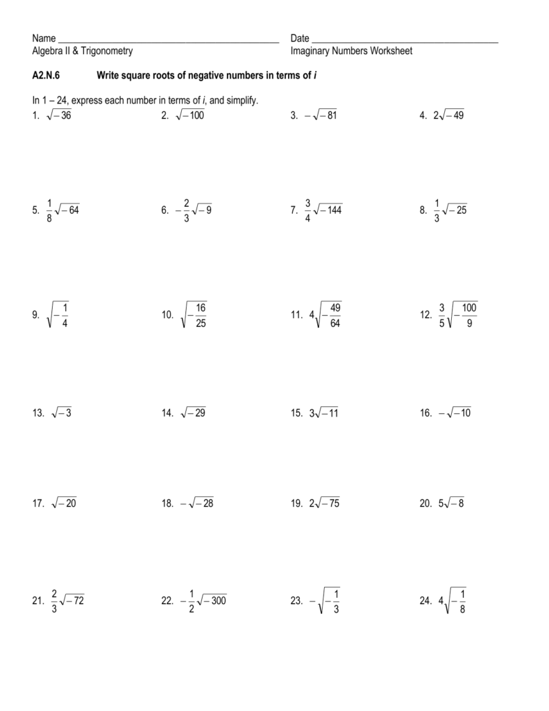 Algebra 2 Operations With Complex Numbers Worksheet