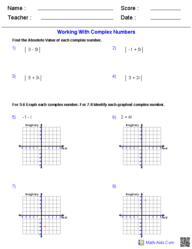 Algebra 2 Simplifying Complex Numbers Worksheet Answers