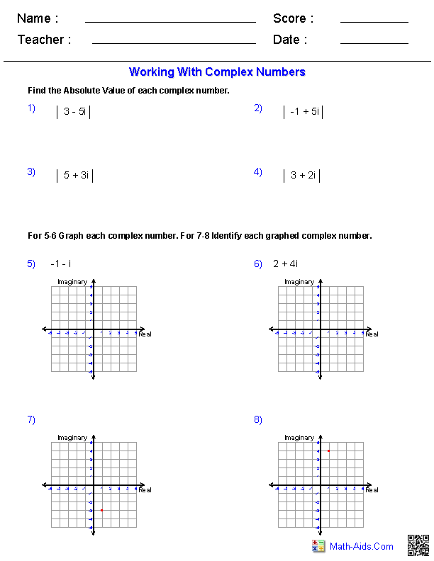 Algebra 2 Simplifying Complex Numbers Worksheet Answers 