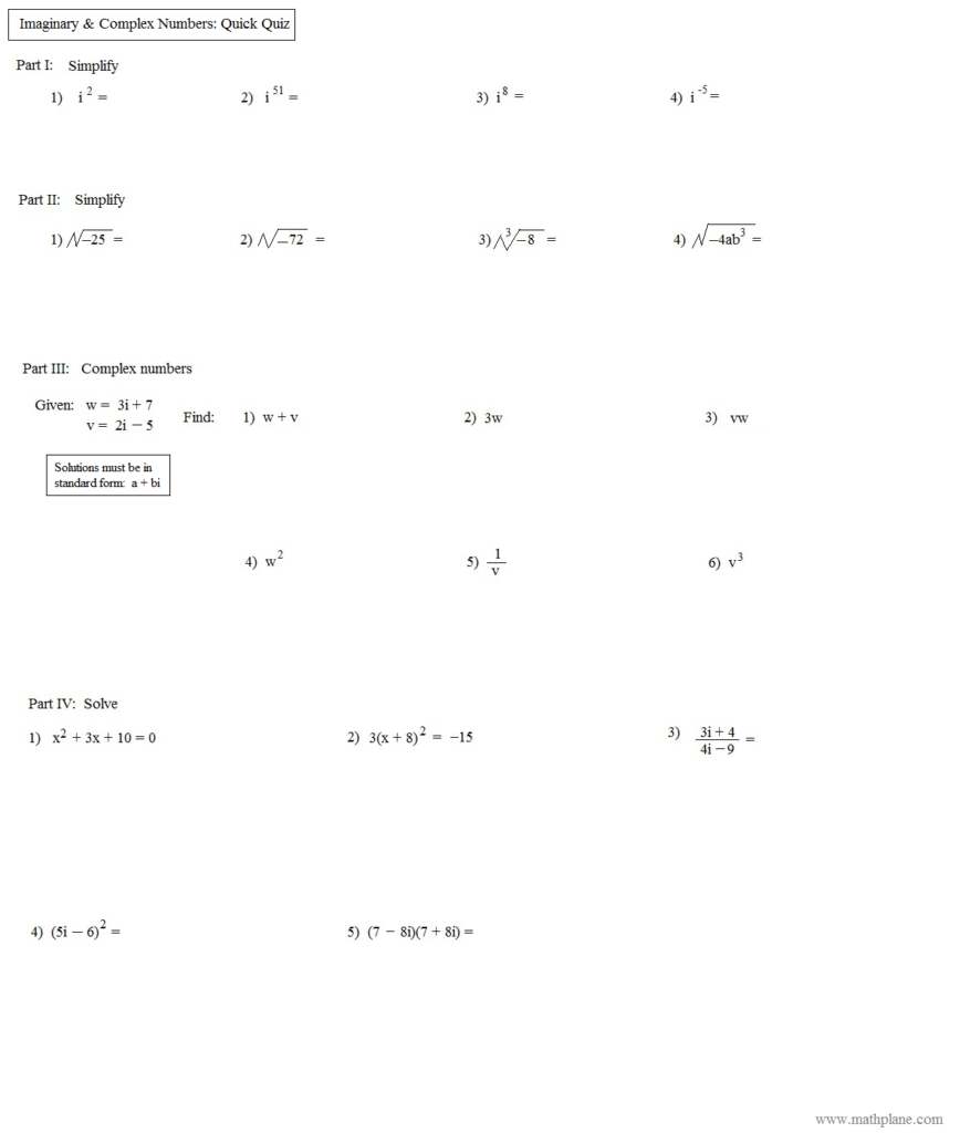 Algebra 2 Simplifying Radicals Imaginary Numbers Worksheet 