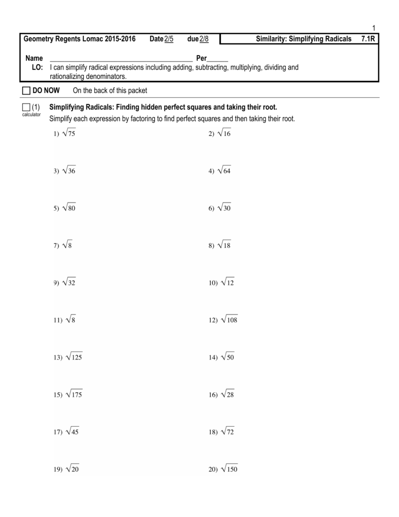 Algebra 2 Simplifying Radicals Imaginary Numbers Worksheet 