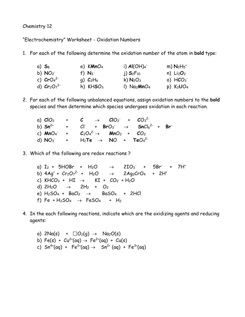Assigning Oxidation Numbers Worksheet Part B Answer Key 