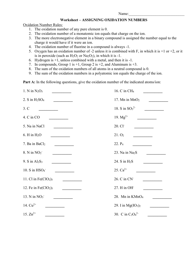 Assigning Oxidation Numbers Worksheet Part B Answer Key 