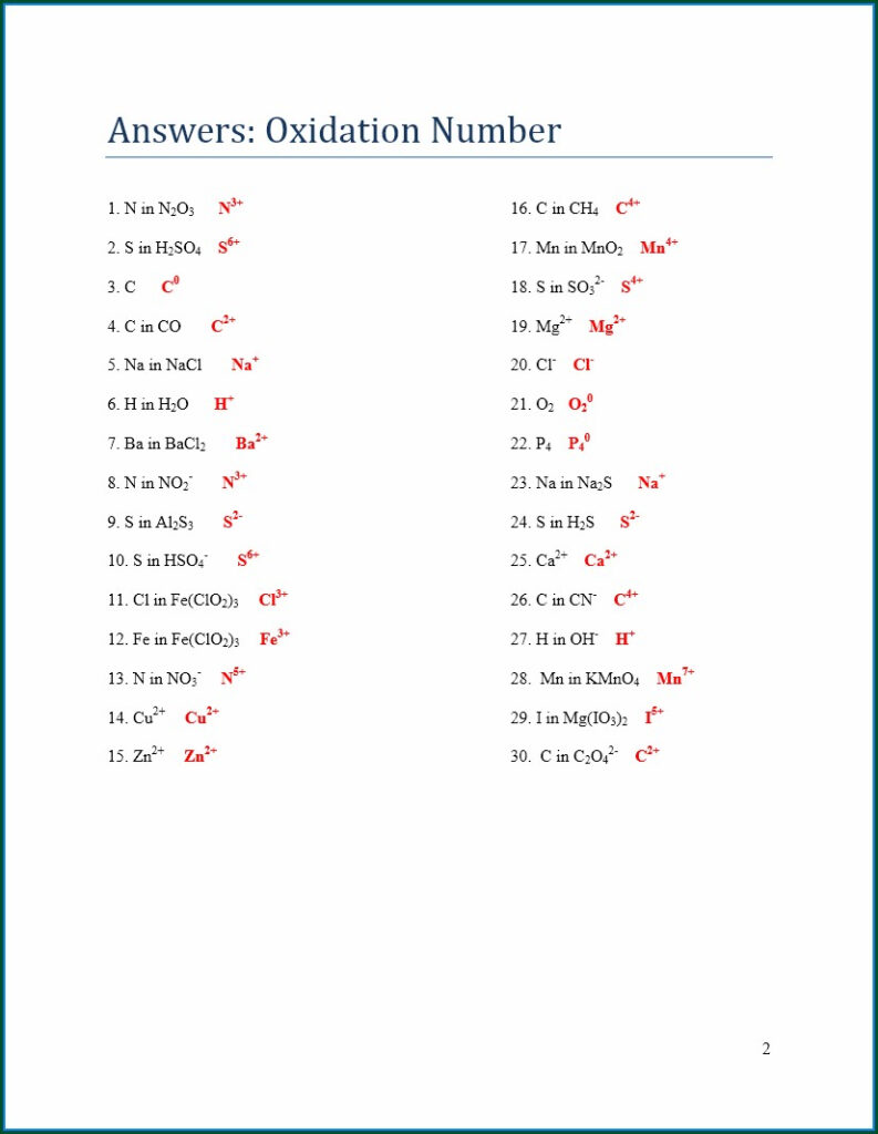 Assigning Oxidation Numbers Worksheet With Answers