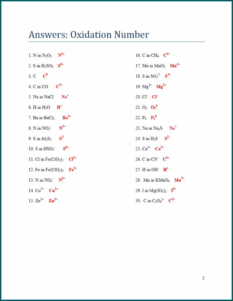 Assigning Oxidation Numbers Worksheet With Answers 