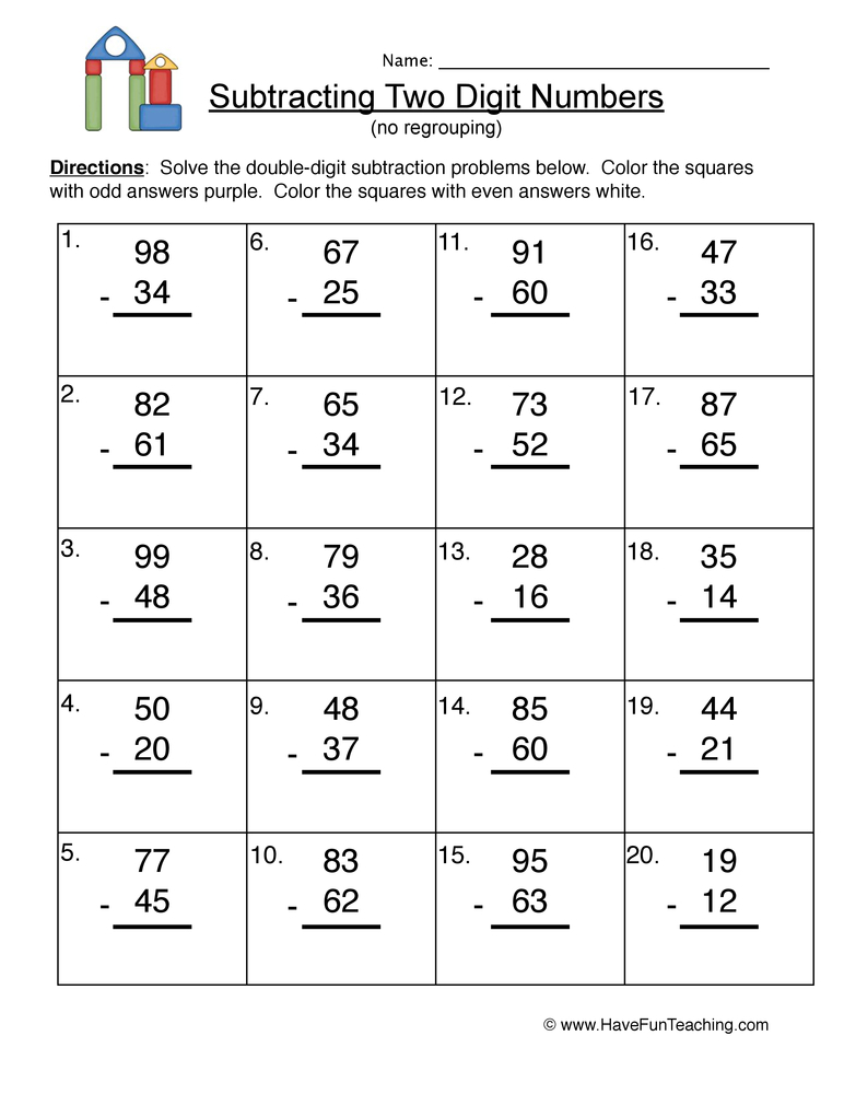 Blocks Double Digit Subtraction Without Regrouping 