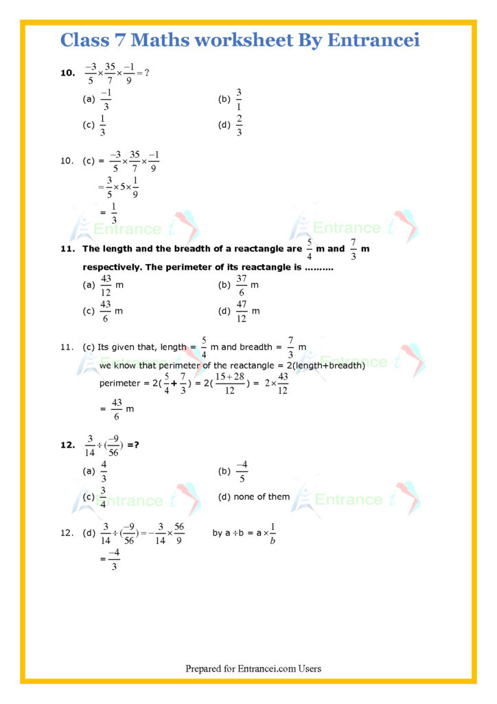 CBSE Class 7 Maths Worksheet For Chapter 9 Rational Numbers