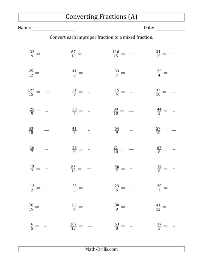 Changing Improper Fractions To Mixed Numbers Worksheet Pdf 