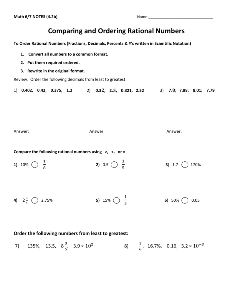 Compare And Order Fractions Decimals And Percents 