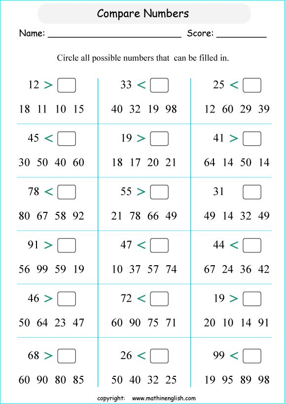 Compare Numbers Printable Grade 1 Math Worksheet 1st 